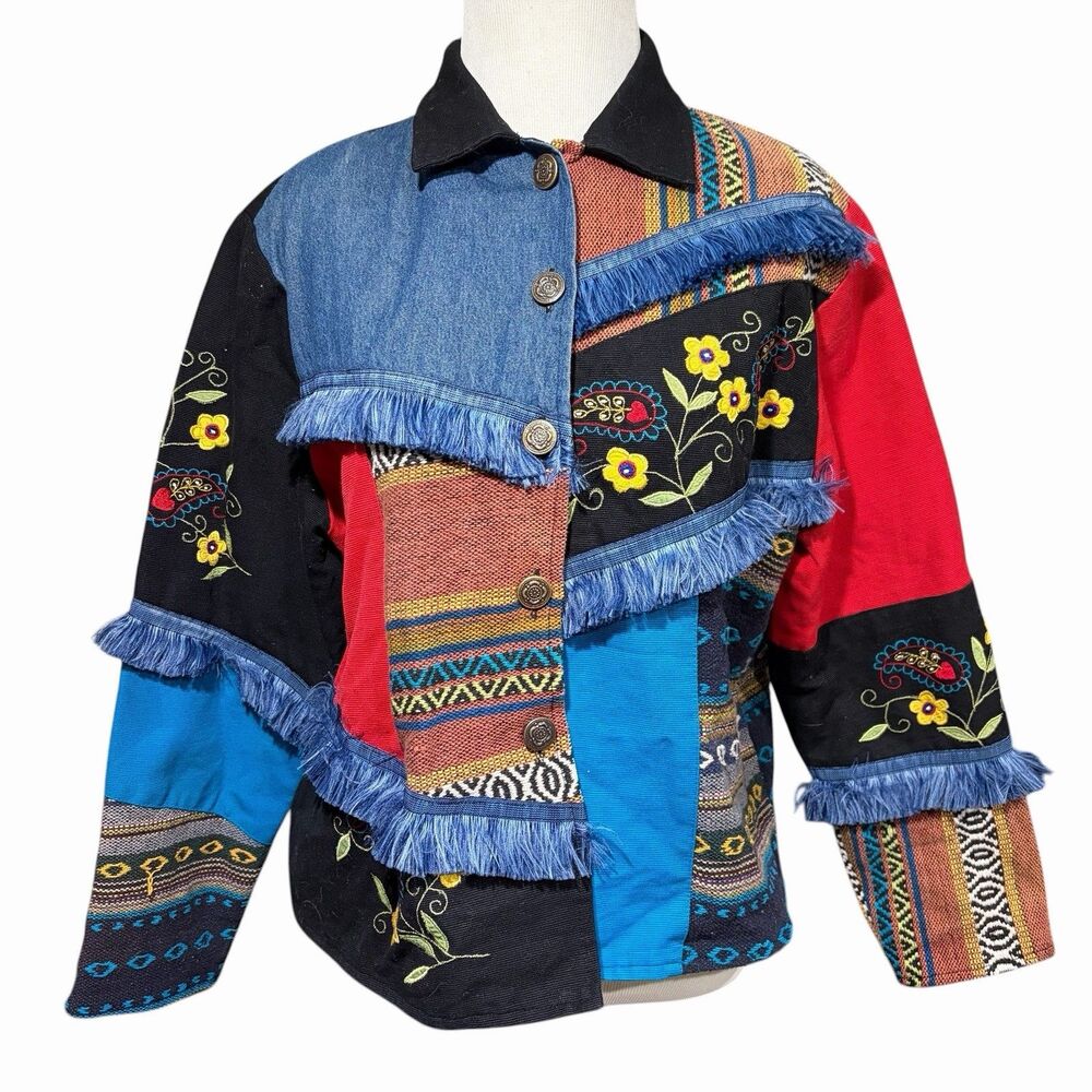 Julia Kim Petite L Embroidered Jacket Floral Patchwork Fringe Retro Eclectic